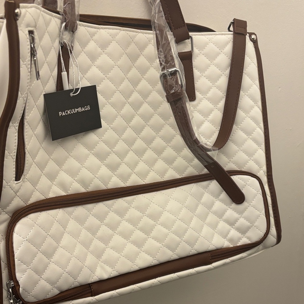 White and Brown Quilted Laptop Bag